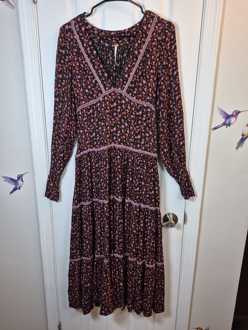 Free People Take A Little Time Midi Dress Black Floral Tiered Velvet Trim Size 0